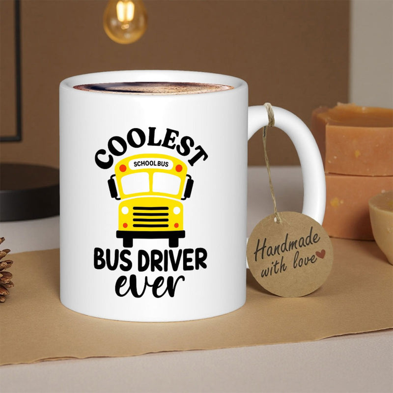 Tailorly White Ceramic 11 oz Mug - Coolest Bus Driver Ever Iconic Bright Yellow School Bus Among Stylish Playful Black Typography Bus
