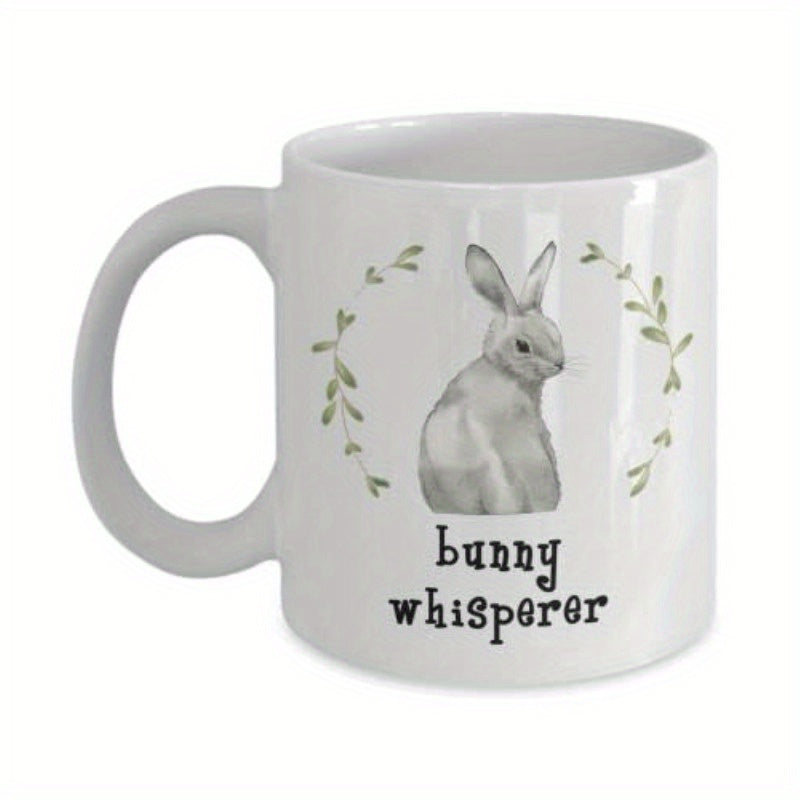 Tailorly White Ceramic 11 oz Mug - Bunny Whisperer Graceful Hand Painted Rabbit Sitting Within A Natural Green Foliage Wreath Bunny