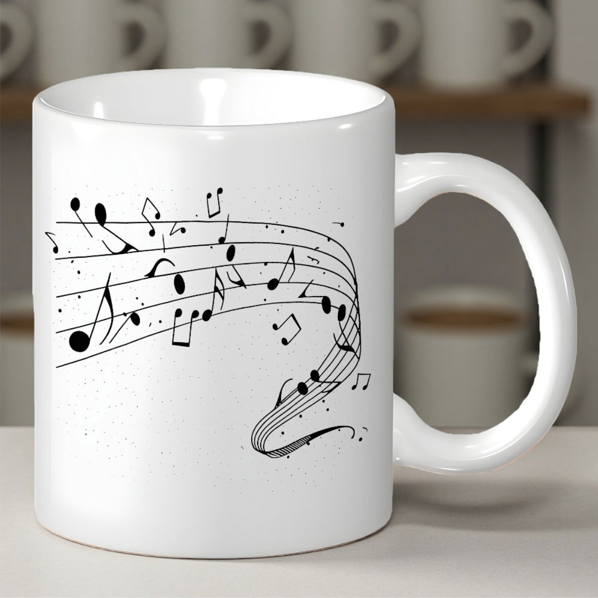 Tailorly White Ceramic 11 oz Mug - Elegant Black Musical Notes Drifting Along A Stylized Melodic Staff Notes