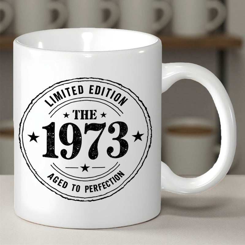 Tailorly White Ceramic 11 oz Mug - Limited Edition The 1973 Aged To Perfection Vintage Circular Stamp Design With Decorative Stars And Grungy Texture Mug