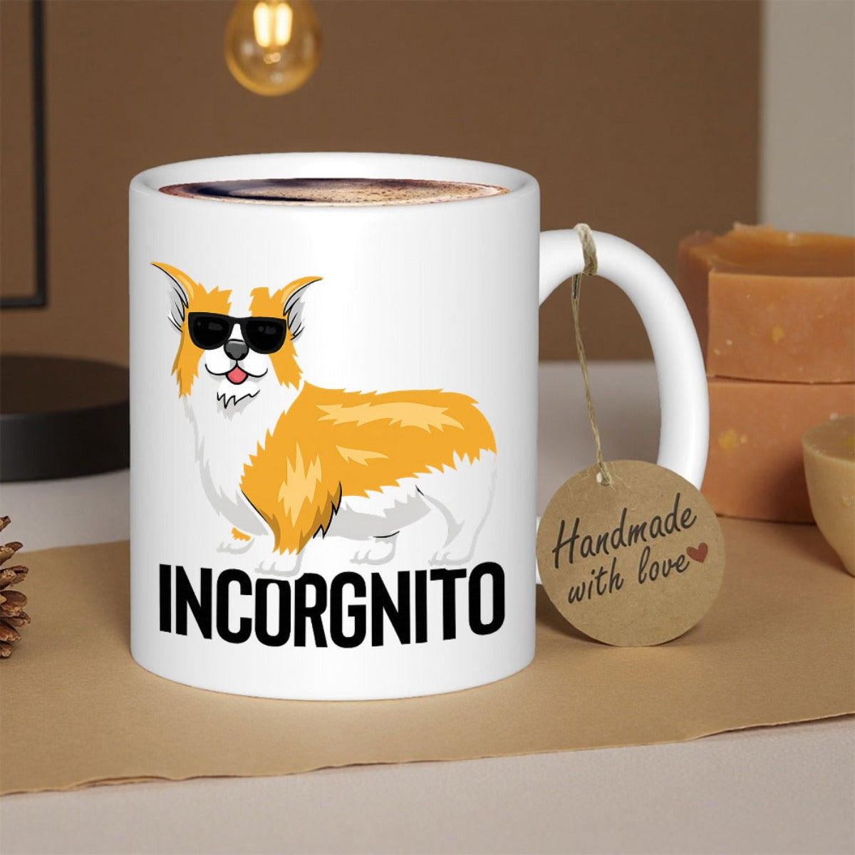 Tailorly White Ceramic 11 oz Mug - Incorgnito Funny Cartoon Orange And White Furry Sunglasses Wearing Playful Dog