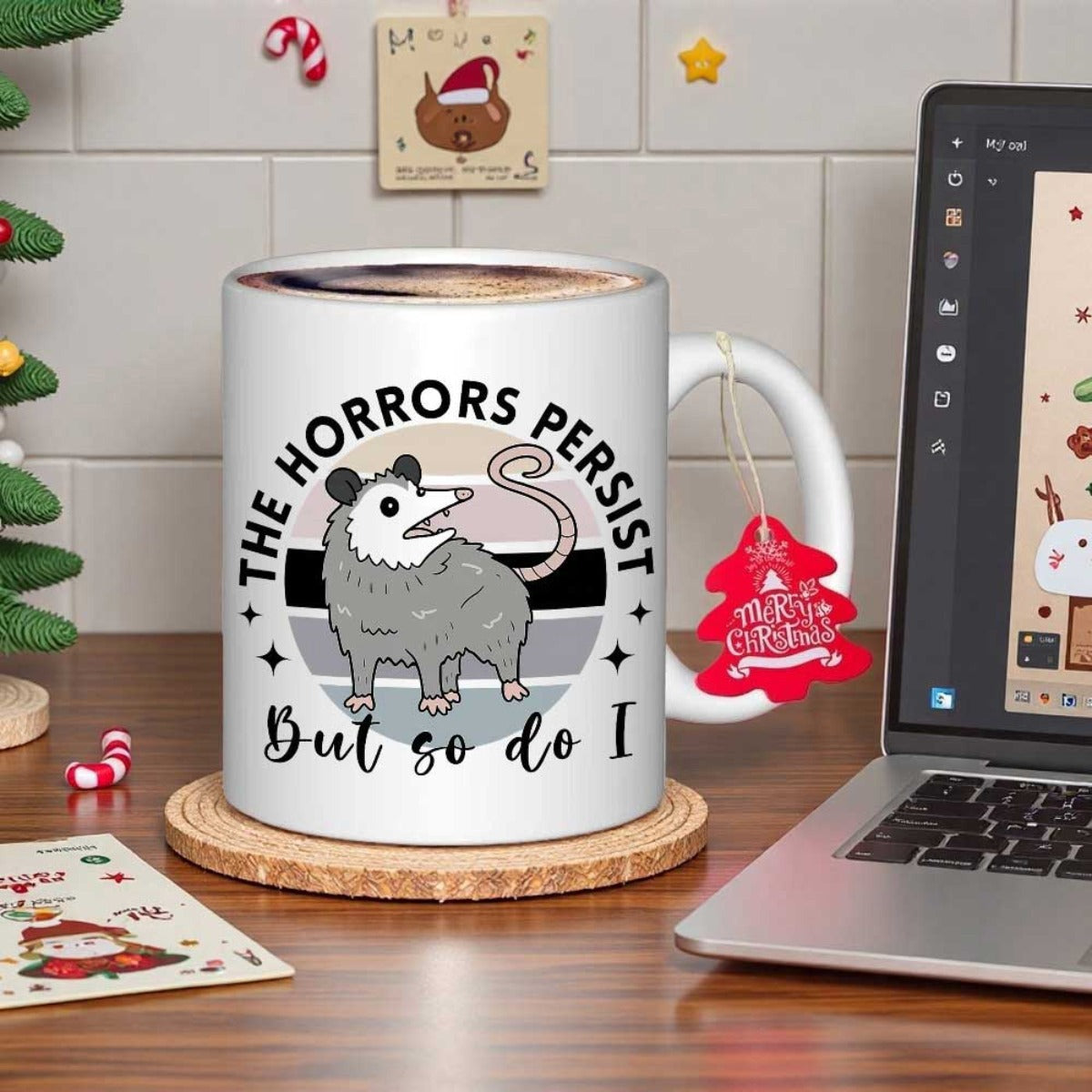 Tailorly White Ceramic 11 oz Mug - The Horrors Persist But So Do I Cute Cartoon Opossum Standing Amidst Retro Striped Background Opossum