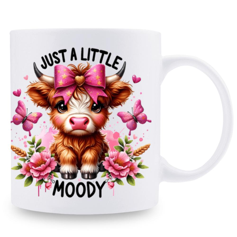Tailorly White Ceramic 11 oz Mug - Just A Little Moody Adorable Baby Highland Cow Wearing Pink Bow With Flowers Cow