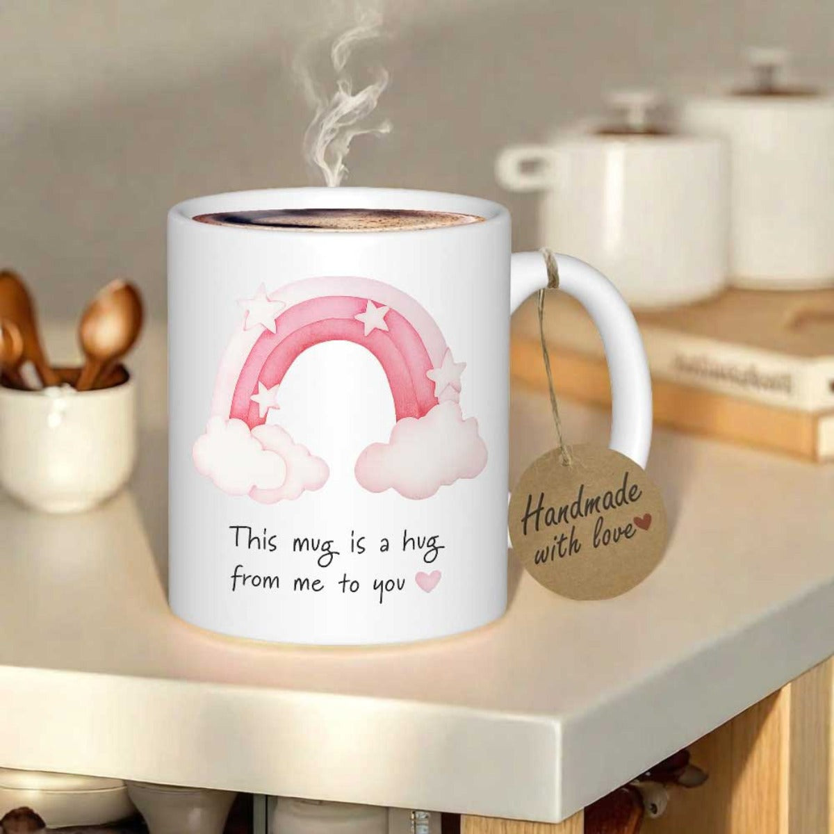 Tailorly White Ceramic 11 oz Mug - This Mug Is A Hug From Me To You Soft Pink Watercolor Pastel Clouds And Twinkling Small White Stars Rainbow