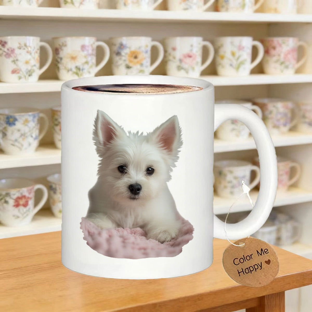 Tailorly White Ceramic 11 oz Mug - Color Me Happy Adorable Fluffy White Puppy Resting On A Soft Pink Cushion Terrier