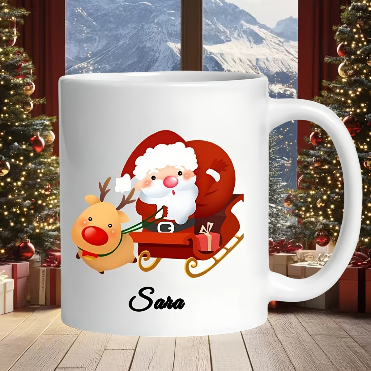 Tailorly White Ceramic 11 oz Mug - Sara Cute Santa In Red Sleigh Pulled By Reindeer With Red Nose Mug