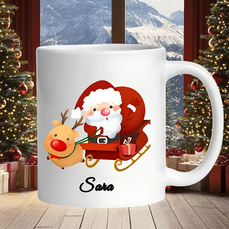 Tailorly White Ceramic 11 oz Mug - Sara Cute Santa In Red Sleigh Pulled By Reindeer With Red Nose Mug