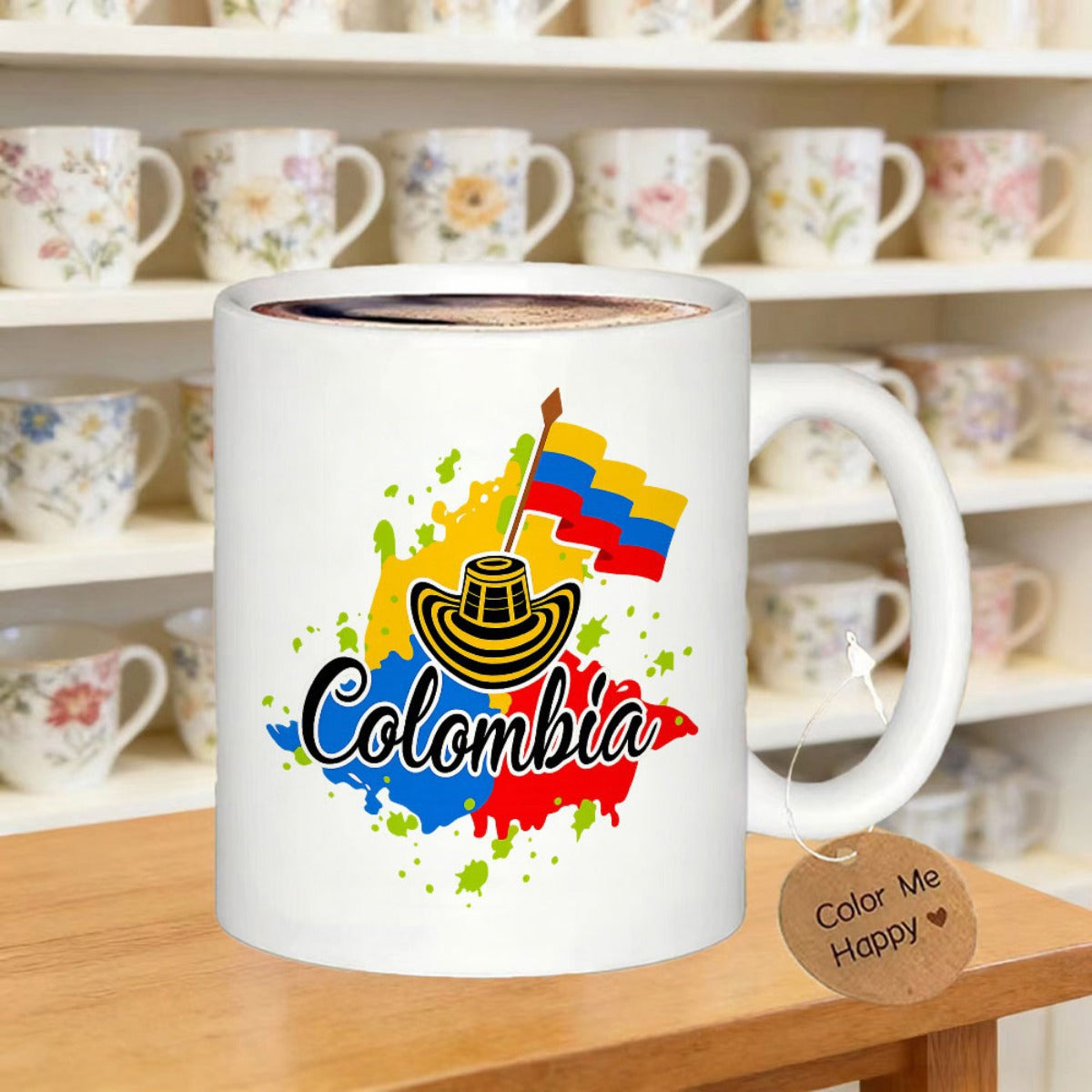 Tailorly White Ceramic 11 oz Mug - Colombia Vibrant Flag Colors With Traditional Hat And Artistic Paint Splashes Sombrero