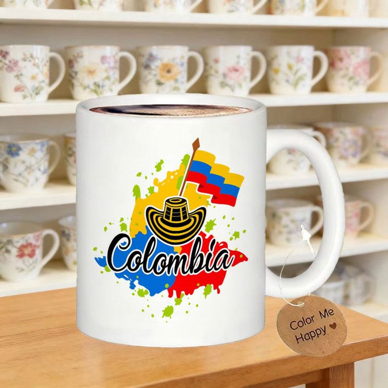 Tailorly White Ceramic 11 oz Mug - Colombia Vibrant Flag Colors With Traditional Hat And Artistic Paint Splashes Sombrero