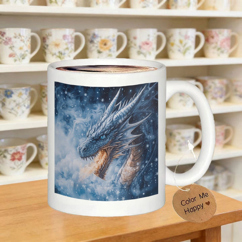 Tailorly White Ceramic 11 oz Mug - Color Me Happy Majestic Blue Ice Dragon Emerging From Ethereal Clouds And Stars Dragon