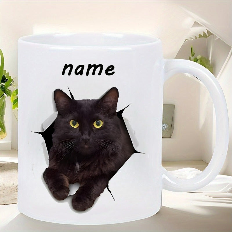 Tailorly White Ceramic 11 oz Mug - Name Mysterious Black Cat With Glowing Yellow Eyes Breaking Through Surface Cat