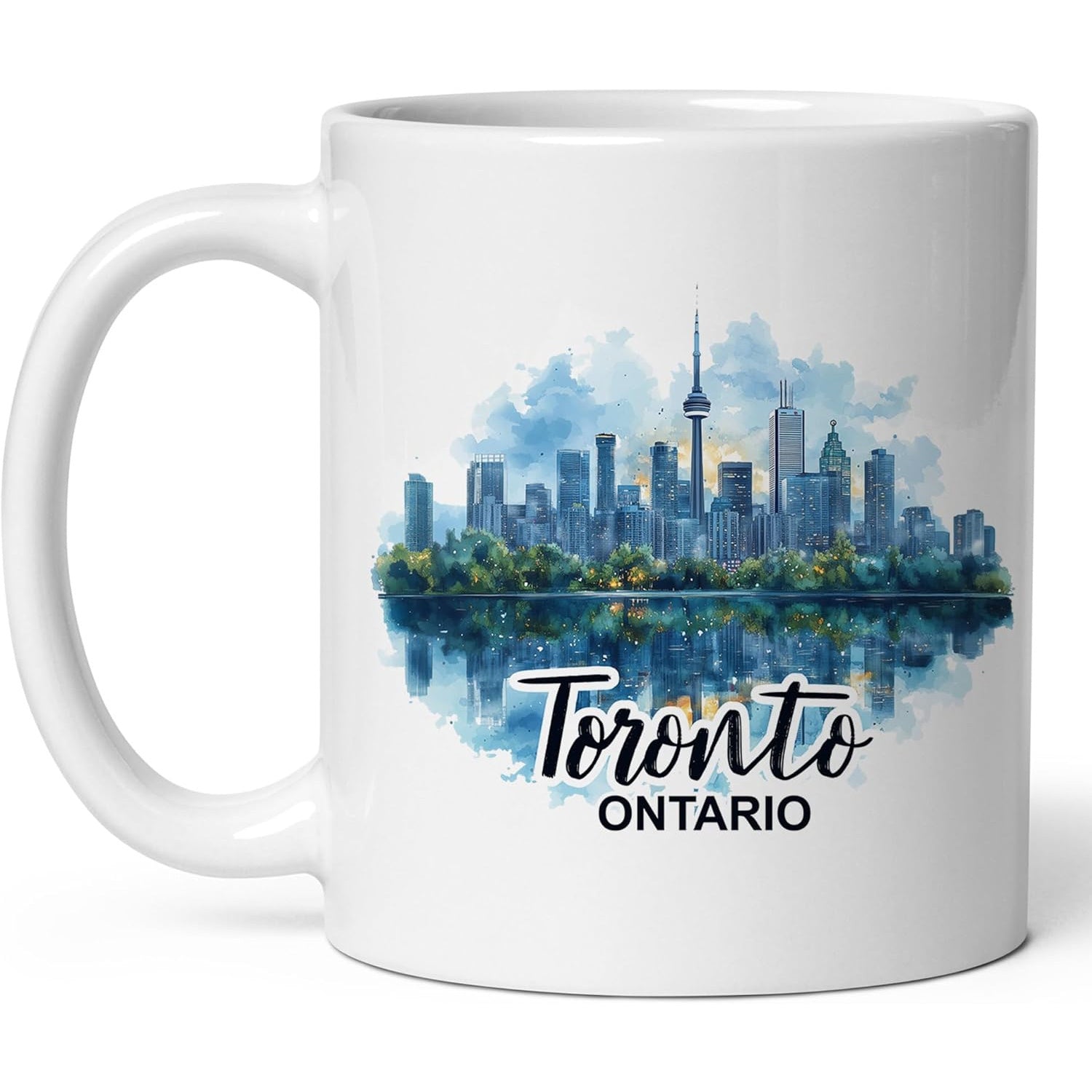 Tailorly White Ceramic 11 oz Mug - Toronto Ontario Artistic Watercolor City Buildings Reflected Across Calm Blue Water Skyline