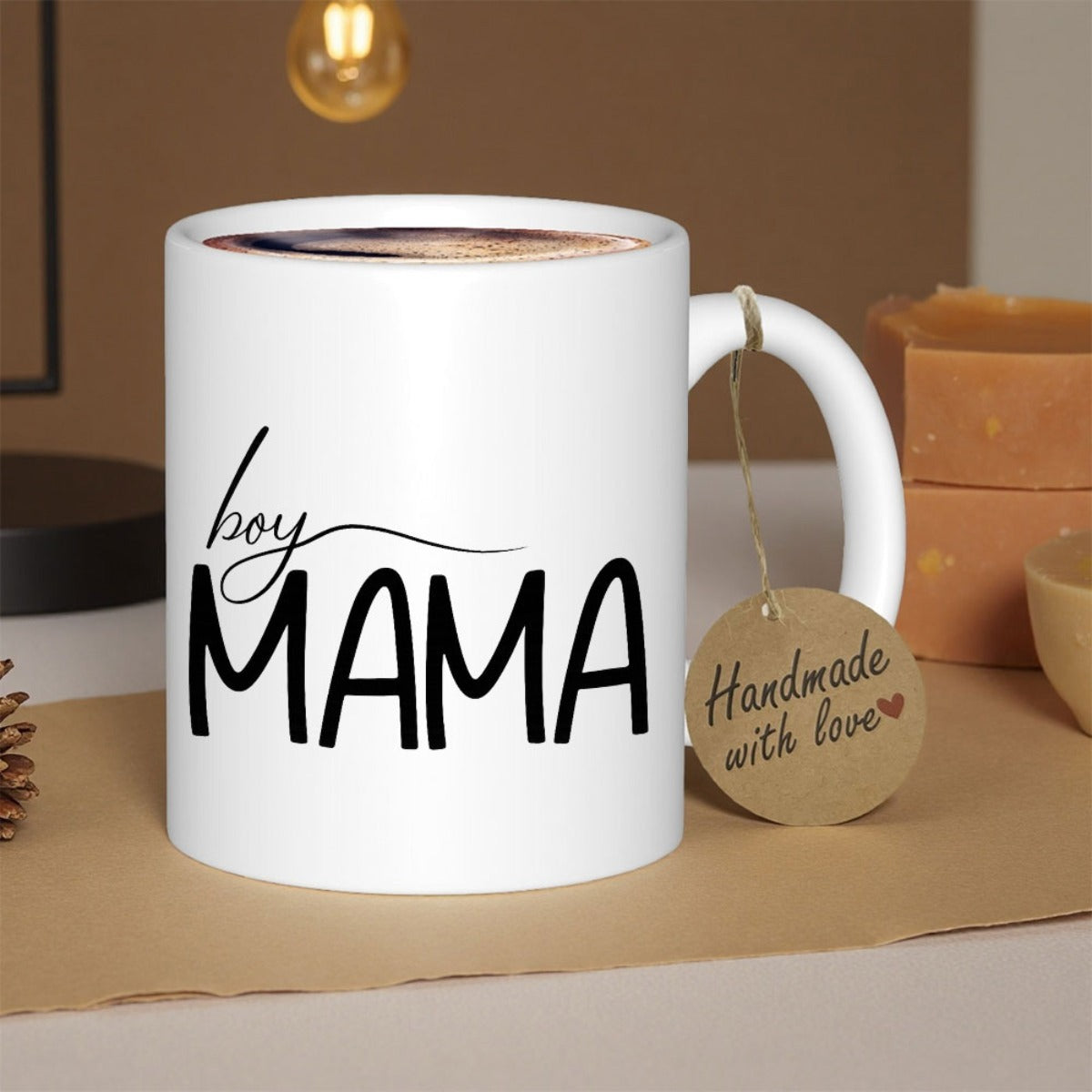 Tailorly White Ceramic 11 oz Mug - Boy Mama Minimalist White Ceramic Cup With Black Hand Lettered Design Mug