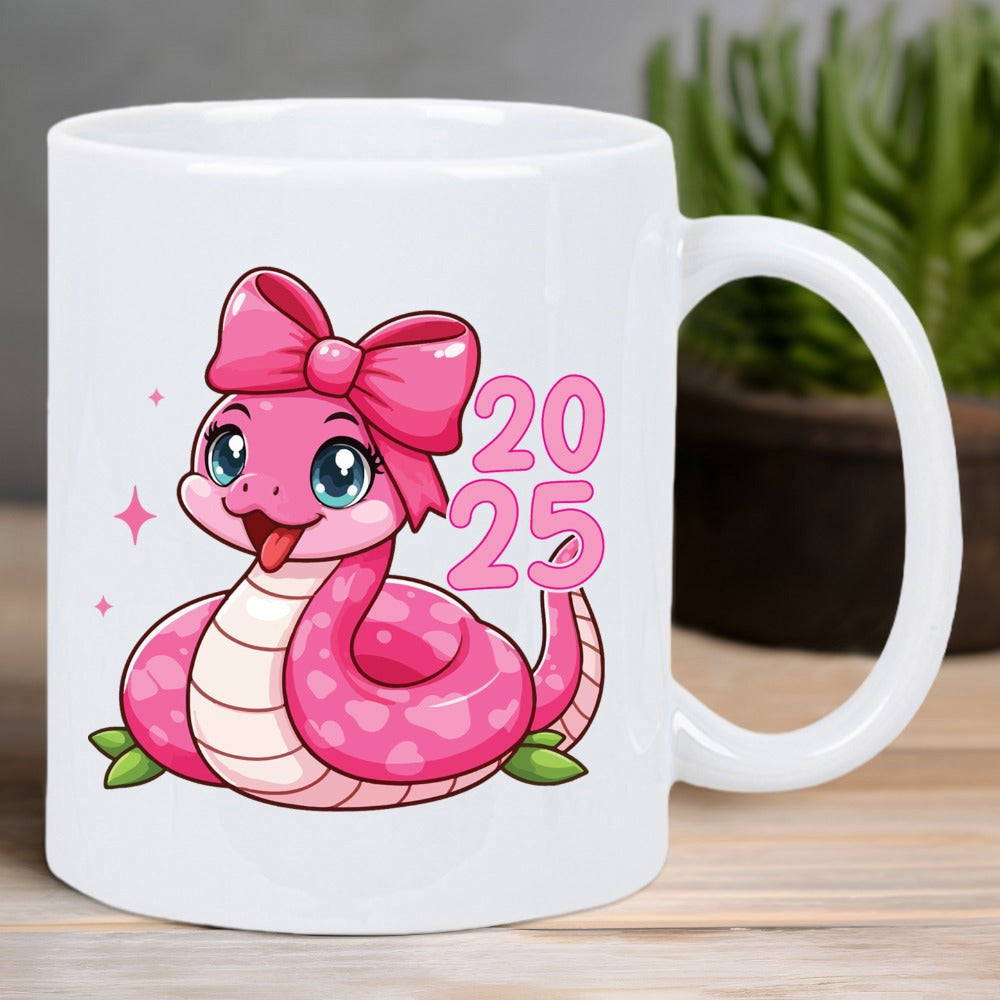 Tailorly White Ceramic 11 oz Mug - 2025 Adorable Pink Cartoon Snake With A Large Ribbon Bow And Small Leaves Snake