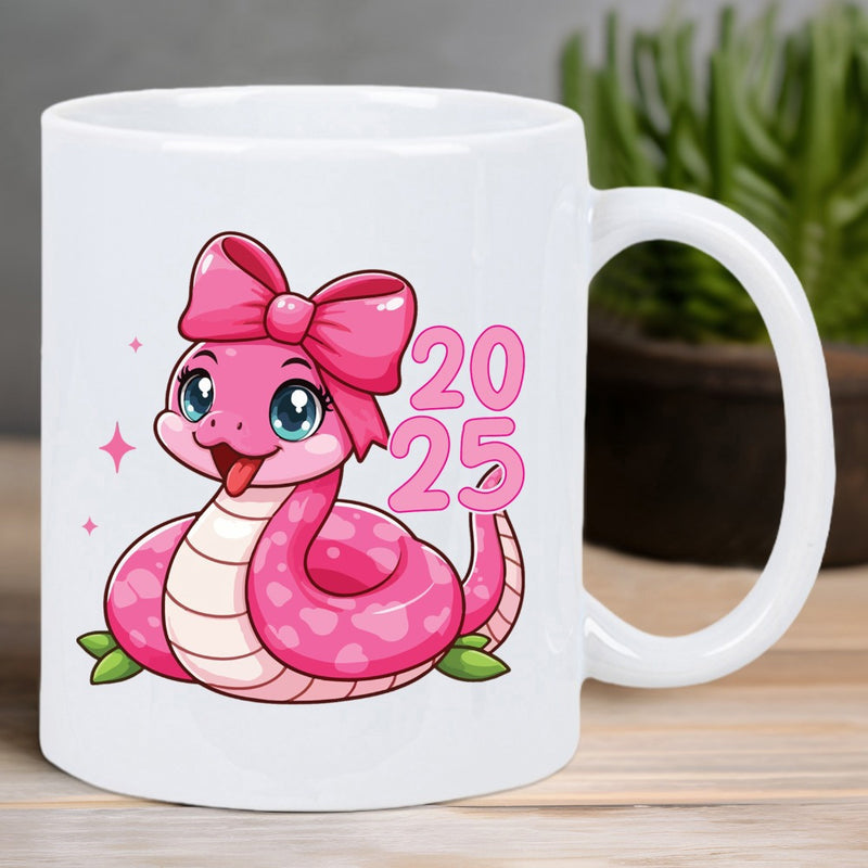 Tailorly White Ceramic 11 oz Mug - 2025 Adorable Pink Cartoon Snake With A Large Ribbon Bow And Small Leaves Snake