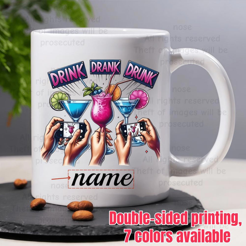 Tailorly White Ceramic 11 oz Mug - Drink Drank Drunk Vibrant Tropical Cocktails With Fruit Slices Held By Joyful Party Friends Cocktail