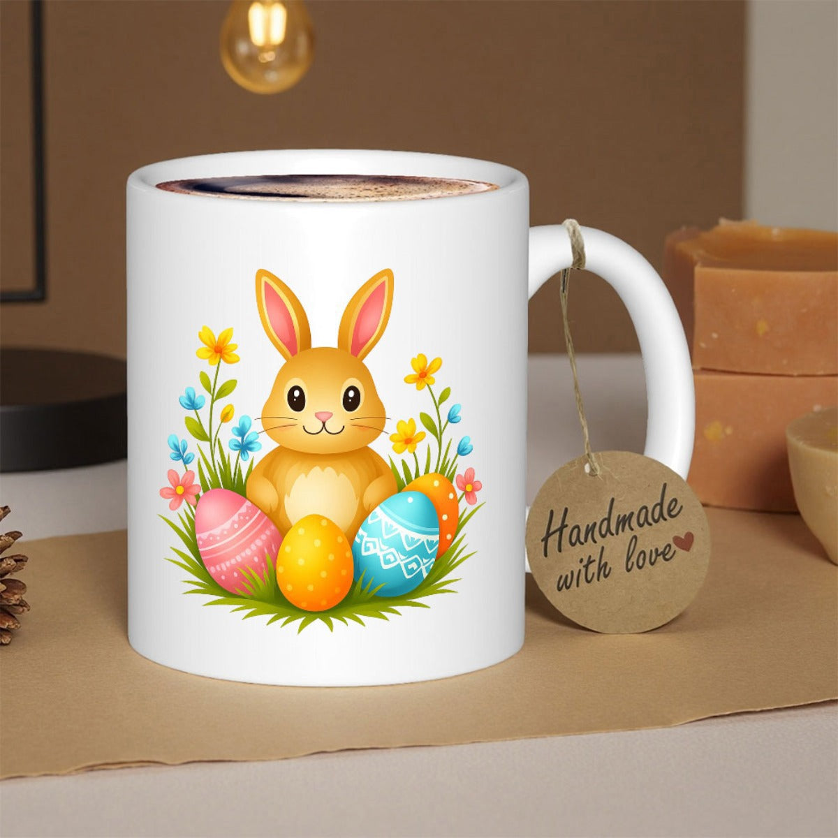 Tailorly White Ceramic 11 oz Mug - Handmade With Love Playful Spring Season Scene With Colorful Eggs And Bright Flowers Bunny