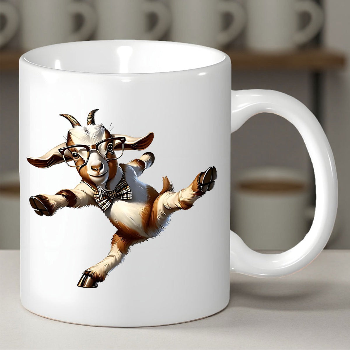 Tailorly White Ceramic 11 oz Mug - Playful Jumping Goat Wearing Black Rimmed Glasses And Bow Tie Goat