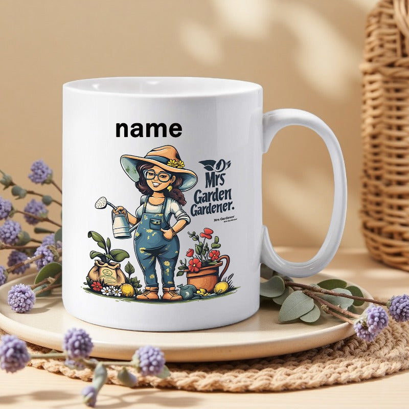 Tailorly White Ceramic 11 oz Mug - Name Mrs Garden Gardener Charming Cartoon Woman Wearing Overalls Holding A Watering Can Gardener
