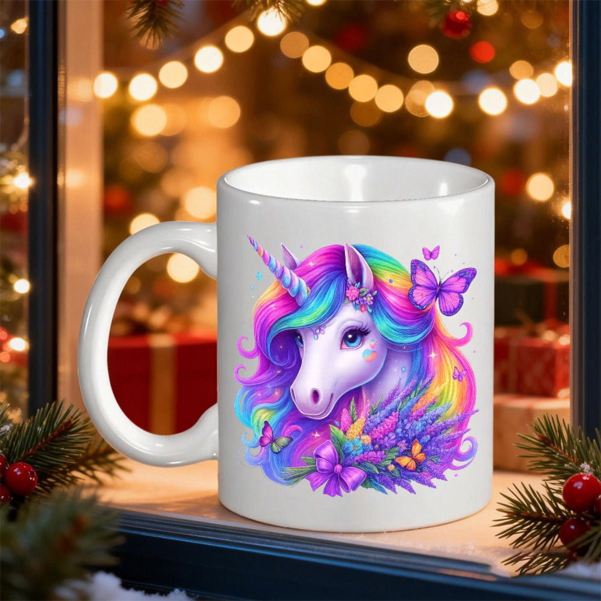 Tailorly White Ceramic 11 oz Mug - Vibrant Rainbow Mane With Purple Butterflies And Enchanting Floral Details Unicorn