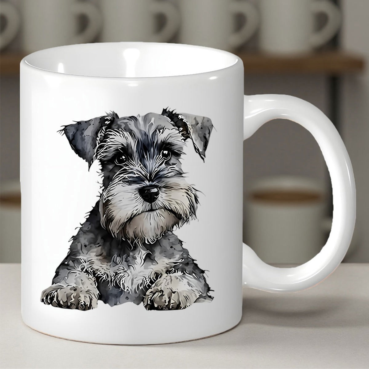 Tailorly White Ceramic 11 oz Mug - Watercolor Style Portrait Of A Fluffy Grey And White Schnauzer