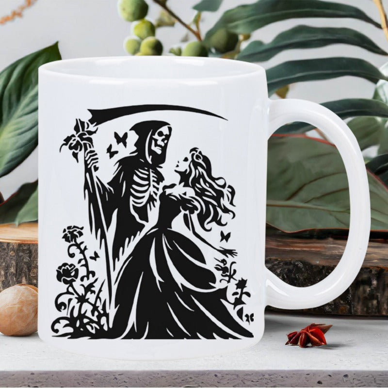 Tailorly White Ceramic 11 oz Mug - Mystical Gothic Reaper Dancing With Elegant Gown Maiden Among Roses Illustration