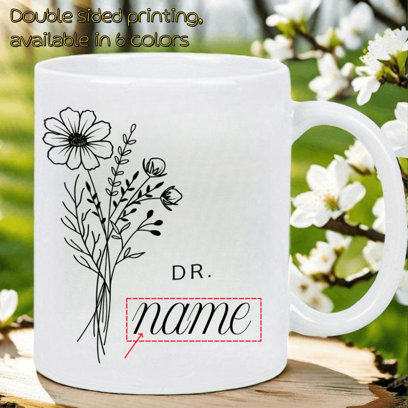 Tailorly White Ceramic 11 oz Mug - Dr Name Minimalist Black Line Drawing Of Wildflowers And Delicate Artistic Hand Drawn Flower