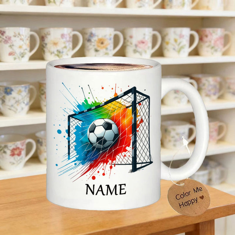 Tailorly White Ceramic 11 oz Mug - Vibrant Colorful Rainbow Paint Splatters Hitting The Goal Net Soccer Ball