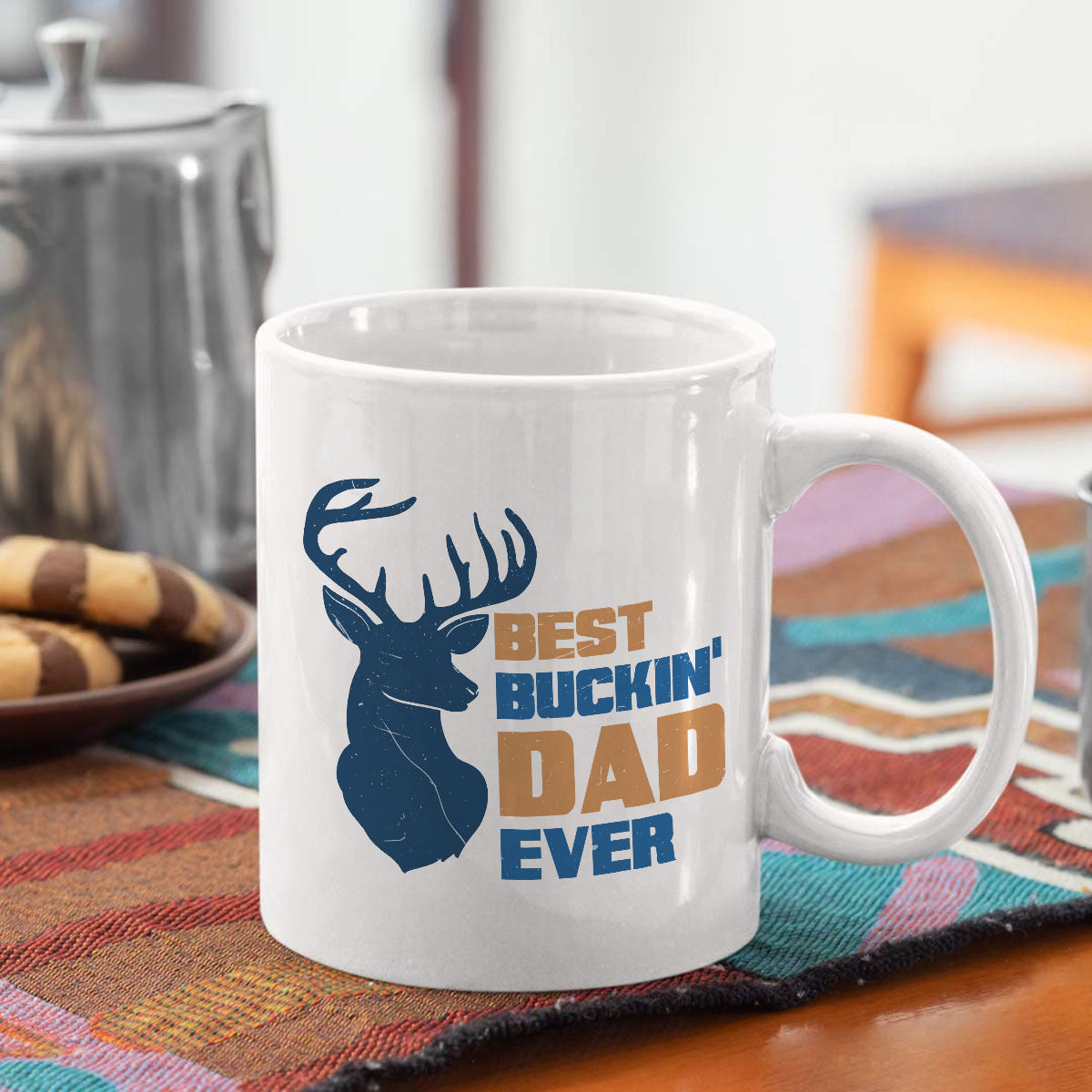 Tailorly White Ceramic 11 oz Mug - Best Buckin Dad Ever Majestic Antlered Buck Silhouette Standing Proudly With Rustic Textured Colors Deer