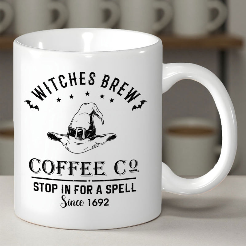 Tailorly White Ceramic 11 oz Mug - Witches Brew Coffee Co Stop In For A Spell Since 1692 Classic Pointed Wizard Hat Featuring A Buckled Leather Strap Hat