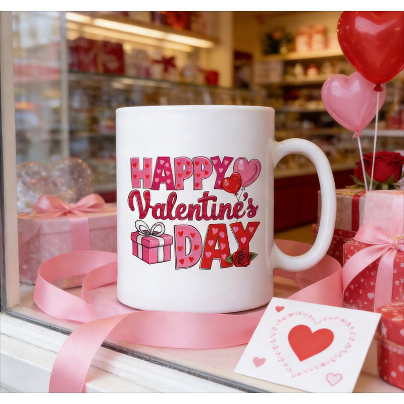 Tailorly White Ceramic 11 oz Mug - Happy Valentine's Day Pink Hearts And Festive Gift Box Among Decorative Red Elements Mug