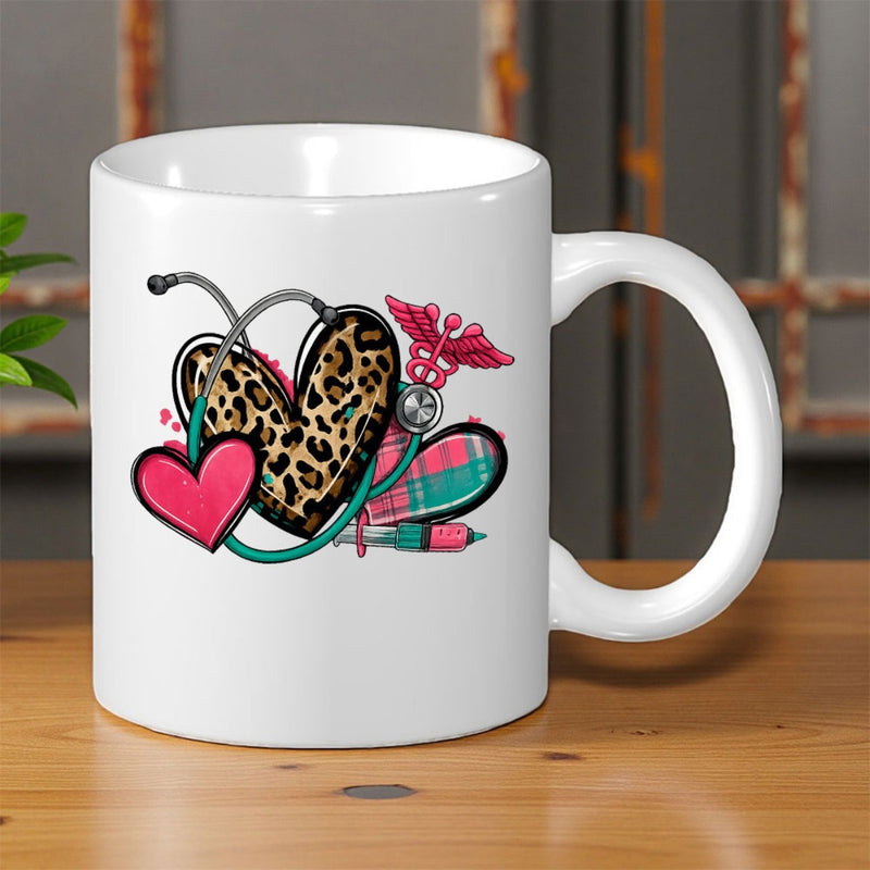 Tailorly White Ceramic 11 oz Mug - Medical Appreciation Design Featuring Leopard Print Patterns And Colorful Stylized Heart