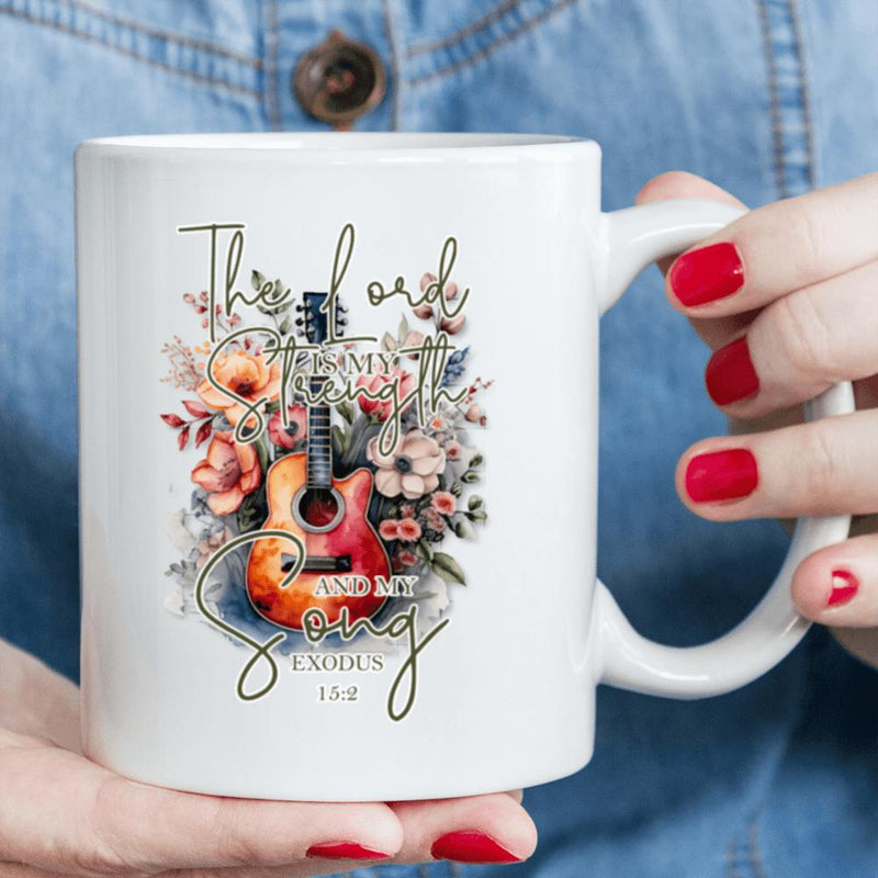 Tailorly White Ceramic 11 oz Mug - The Lord Is My Strength And My Song Exodus 15 2 Vibrant Acoustic Guitar Nestled Within Elegant Blooming Flowers And Delicate