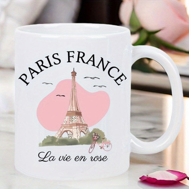 Tailorly White Ceramic 11 oz Mug - Paris France Iconic Landmark Standing Tall Among Scenic Birds And Pink Misty Atmosphere Tower