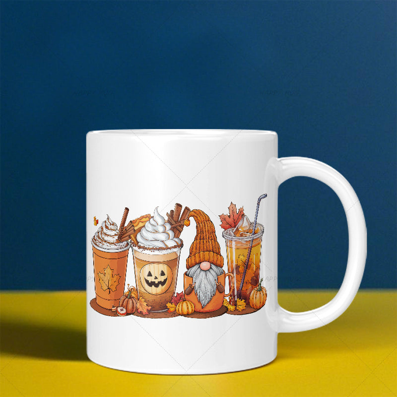Tailorly White Ceramic 11 oz Mug - Warm Autumn Harvest Spiced Coffee Beside A Charming Festive Garden Gnome Beverage