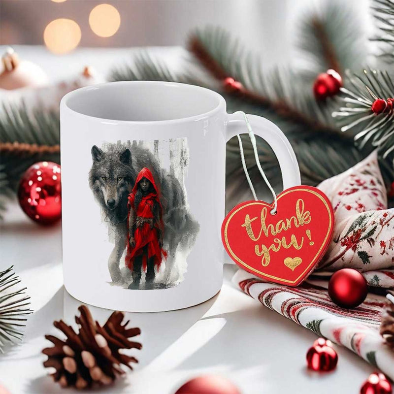 Tailorly White Ceramic 11 oz Mug - Majestic Grey Wolf And Mysterious Red Hooded Figure In Snowy Forest Wolf