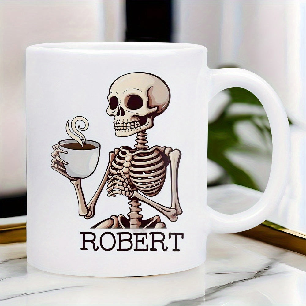 Tailorly White Ceramic 11 oz Mug - Robert Detailed Artistic Illustration Holding Steaming Cup Of Fresh Hot Coffee Skeleton