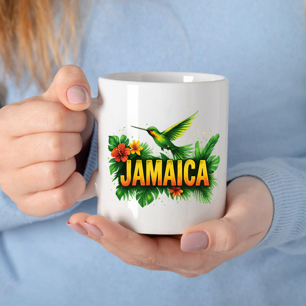 Tailorly White Ceramic 11 oz Mug - Jamaica Vibrant Hummingbird Hovering Above Tropical Hibiscus Flowers And Lush Green Leaves Hummingbird