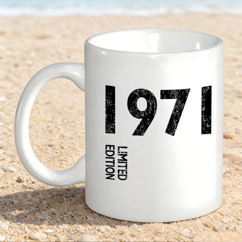 Tailorly White Ceramic 11 oz Mug - 1971 Limited Edition Bold Distressed Black Numbers And Text On Ceramic Mug
