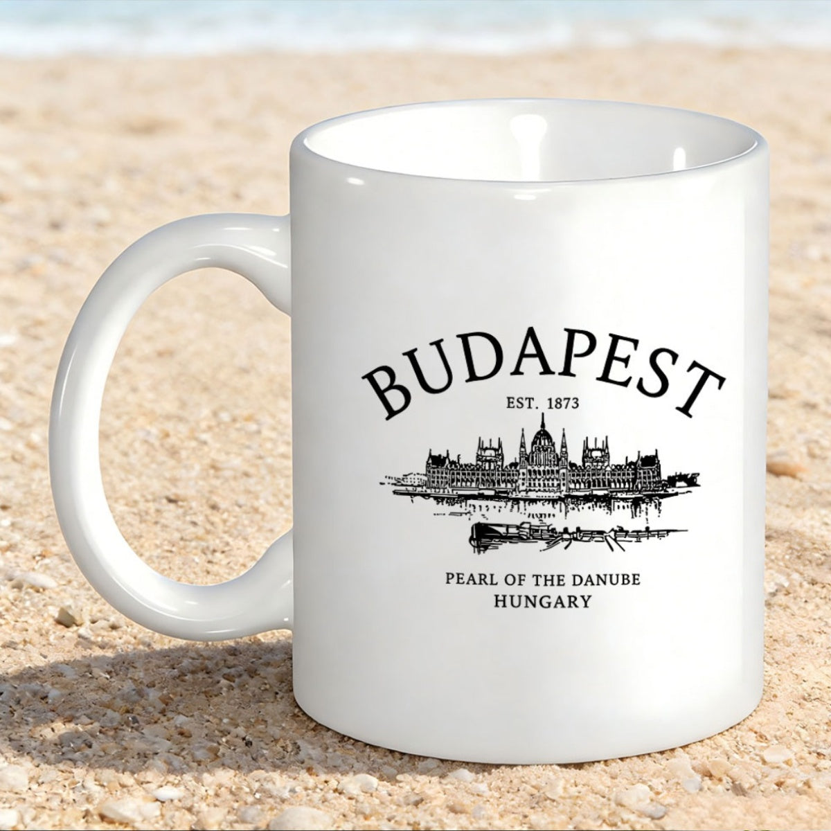 Tailorly White Ceramic 11 oz Mug - Budapest Est 1873 Pearl Of The Danube Hungary Detailed Black Ink Drawing Of Historic European Landmark Architecture Parliament