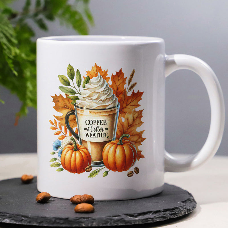 Tailorly White Ceramic 11 oz Mug - Coffee And Sweater Weather Warm Autumn Illustration Featuring Cozy Whipped Cream And Pumpkins Coffee