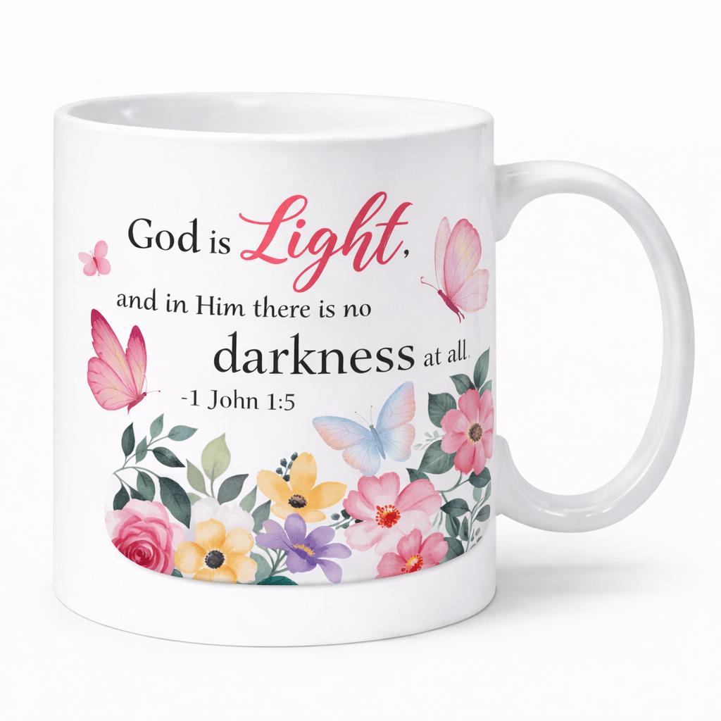 Tailorly White Ceramic 11 oz Mug - God Is Light And In Him There Is No Darkness At All 1 John 1 5 Delicate Pink Roses And Colorful Butterflies Fluttering Among