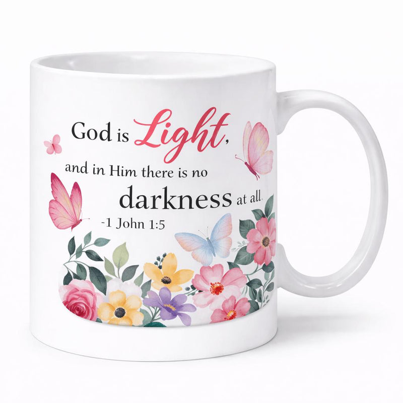 Tailorly White Ceramic 11 oz Mug - God Is Light And In Him There Is No Darkness At All 1 John 1 5 Delicate Pink Roses And Colorful Butterflies Fluttering Among