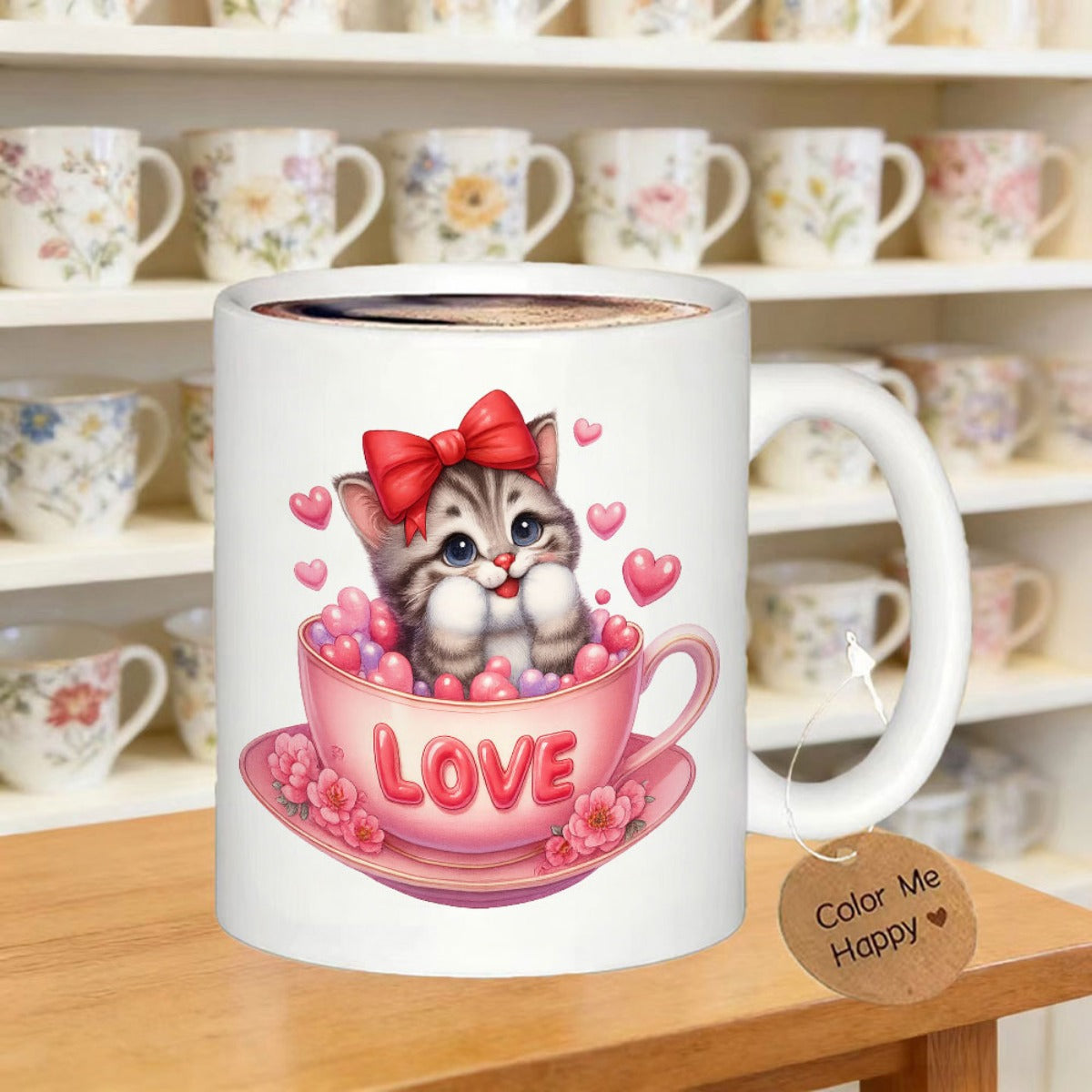 Tailorly White Ceramic 11 oz Mug - Love Adorable Gray Striped Kitten Wearing Red Bow Inside Pink Teacup Kitten