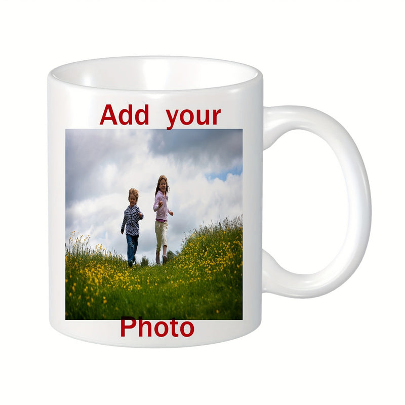 Tailorly White Ceramic 11 oz Mug - Add Your Photo Two Young Children Running Through Green Meadow Among Yellow Wildflowers Mug