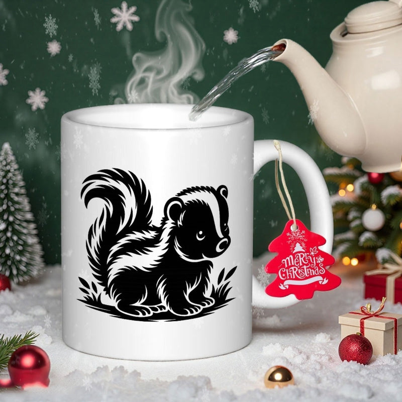 Tailorly White Ceramic 11 oz Mug - Merry Christmas Hand Drawn Style Black And White Sitting Baby Forest Animal Skunk