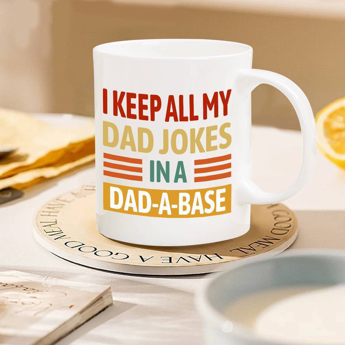 Tailorly White Ceramic 11 oz Mug - I Keep All My Dad Jokes In A Dad-A-Base Vintage Retro Stripes Displaying A Humorous Pun On A