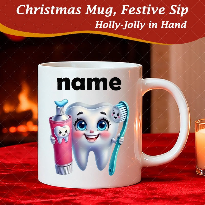 Tailorly White Ceramic 11 oz Mug - Name Cute Cartoon Smiling Tooth Character Holding Pink Toothpaste And Blue Brush Tooth