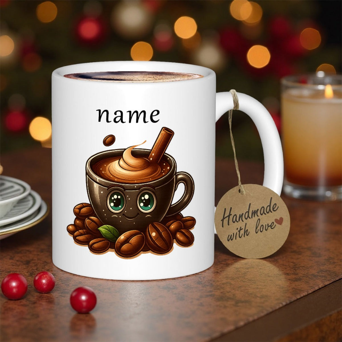 Tailorly White Ceramic 11 oz Mug - Name Handmade With Love Cute Cartoon Character Resting Among Dark Roasted Coffee Beans Coffee Cup