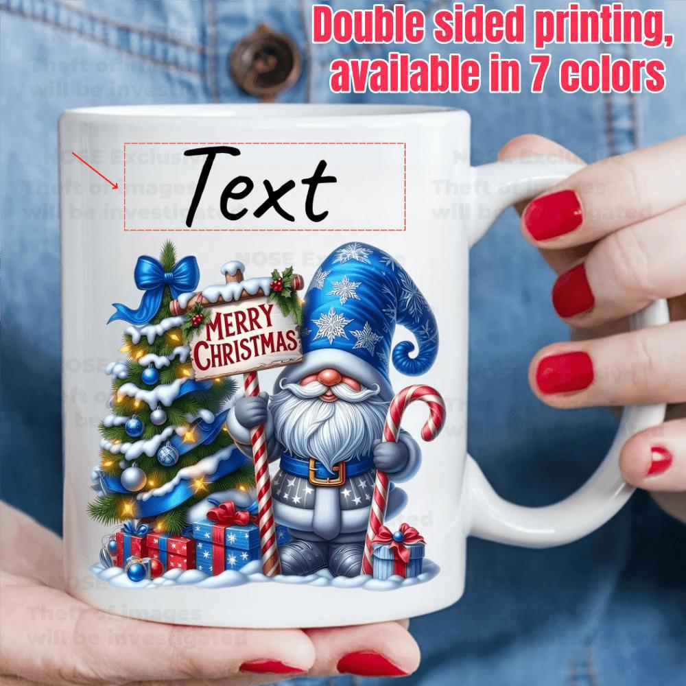 Tailorly White Ceramic 11 oz Mug - Text Merry Christmas Festive Gnome Standing Beside Decorated Evergreen Tree With Colorful Wrapped Gifts Gnome